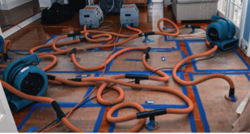 Air movers and drying hoses arranged in an interior