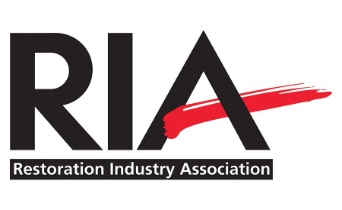 Logo of the Toronto Restoration Industry Association (RIA), featuring the acronym "RIA" in black bold letters with a red brush stroke underneath.