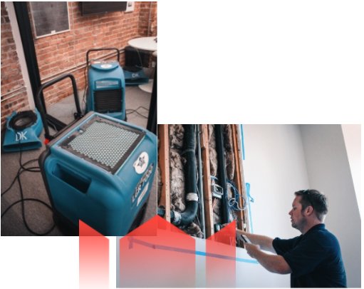 A professional is repairing indoor piping in Toronto, with a focus on water damage restoration equipment placed next to a brick wall in the background.