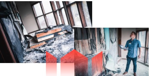 A man assesses fire damage inside a building in Toronto, examining a charred piano near windows, with split images showing close-ups of the burned interiors.