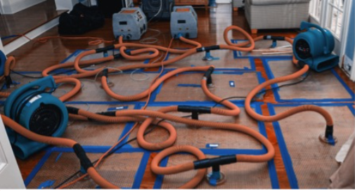 A room with a flooded floor being dried by Toronto Restoration using several large blue and orange industrial blowers and extensive hoses crisscrossing the area, taped down with blue tape.