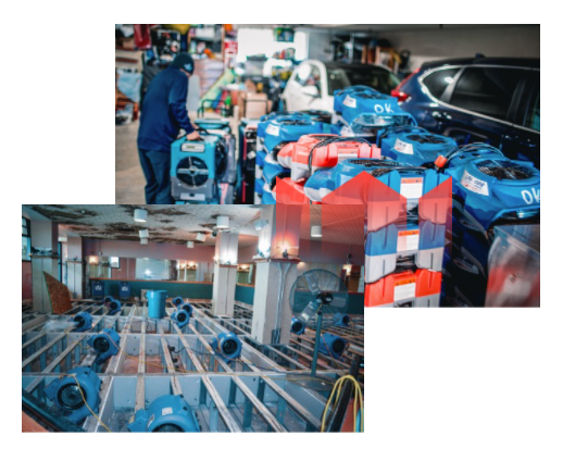 Composite image of a worker in a cluttered Toronto restoration auto repair shop, and various angles of numerous stacked blue barrels in a storage facility.