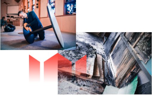 A collage of images showing a man performing a Toronto restoration on a large TV on the floor and close-up views of damaged television hardware and circuitry.