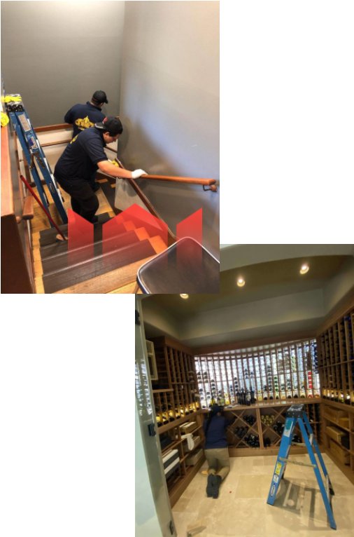 Two images of home renovation scenes in Toronto. The top image shows a person on a ladder installing a handrail on a staircase; the bottom image focuses on a different person setting up a ladder