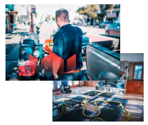 A collage showing different work scenes in Toronto Restoration: a man from behind operating machinery in the city, a variety of tools laid out on a surface, and electrical equipment on a wooden floor in a room