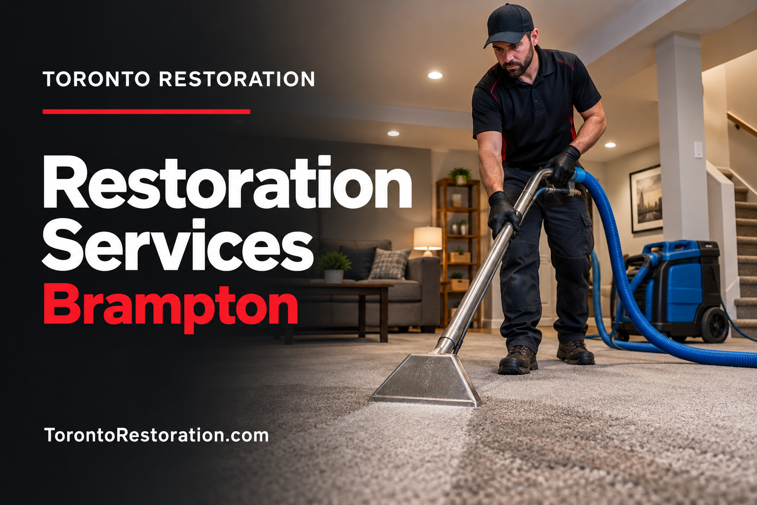 Water removal equipment used in restoration services, Worker extracting water from damp carpet in a finished basement.